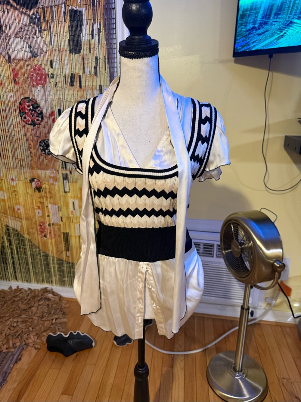 (Vintage) bebe Black and White Chevron Knit Overlay Blouse